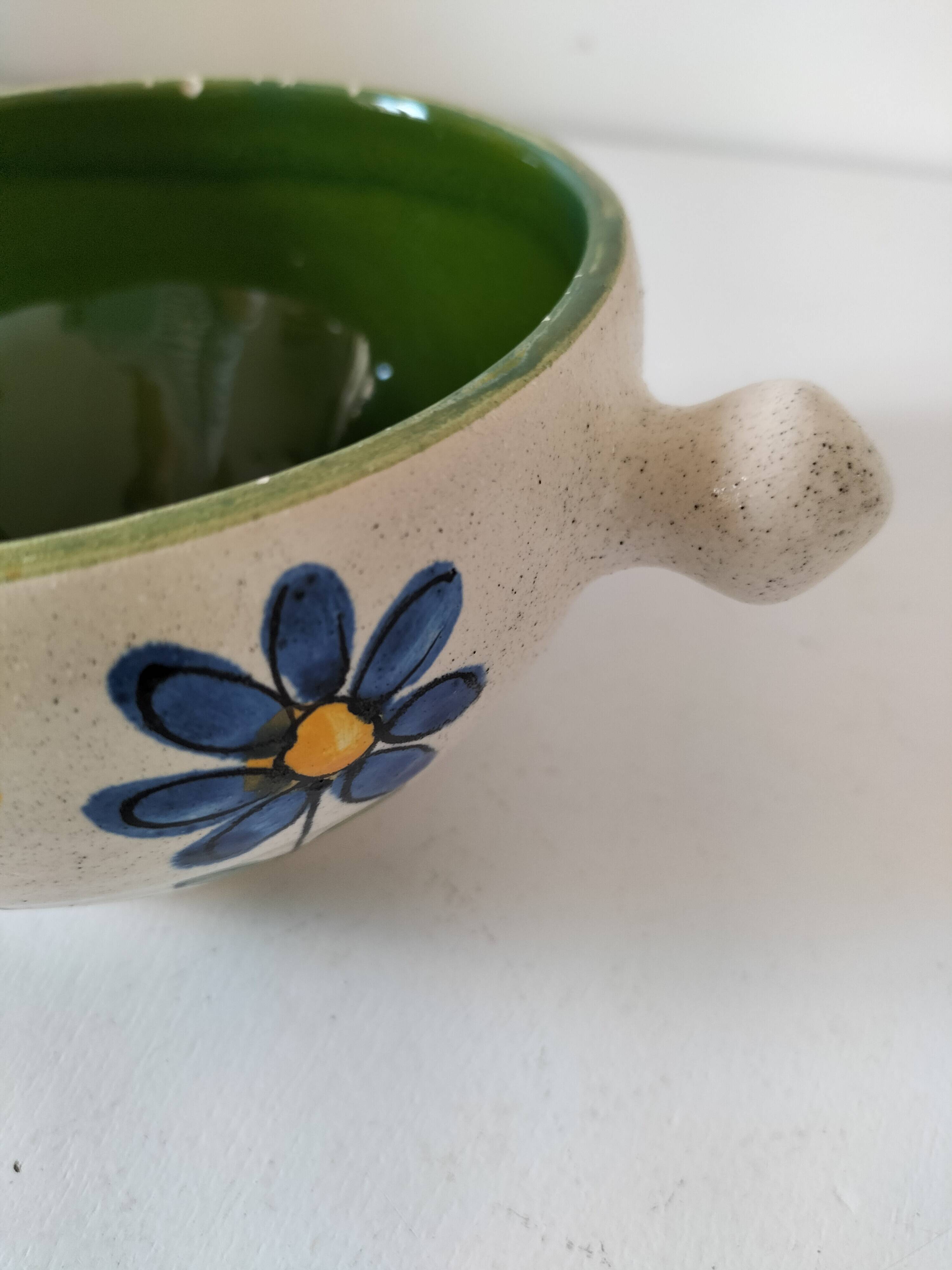 Ceramic soup bowl with blue flower decoration – handmade