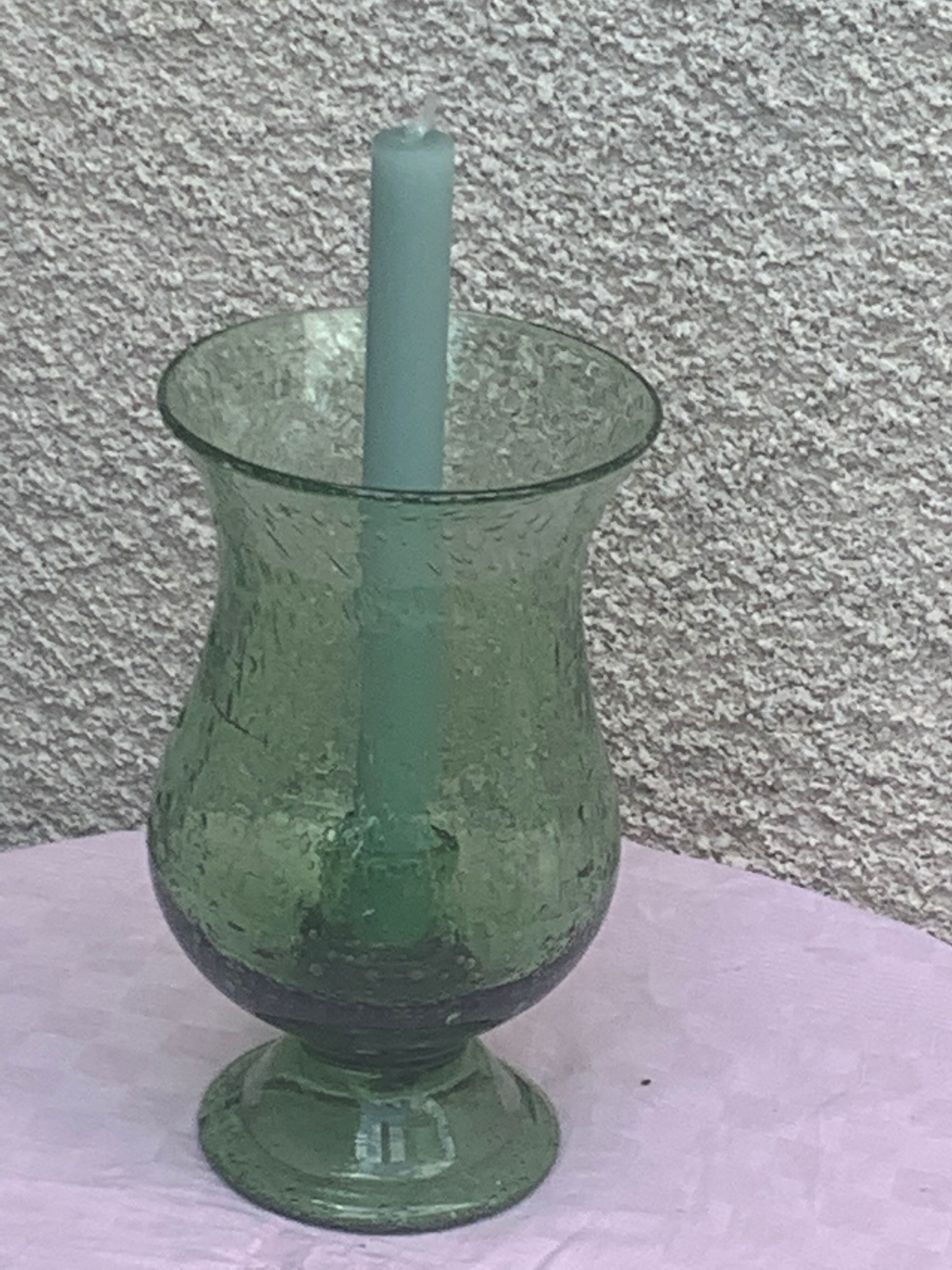 Photophore en verre soufflé et bulle de la verrerie de biot vert signé