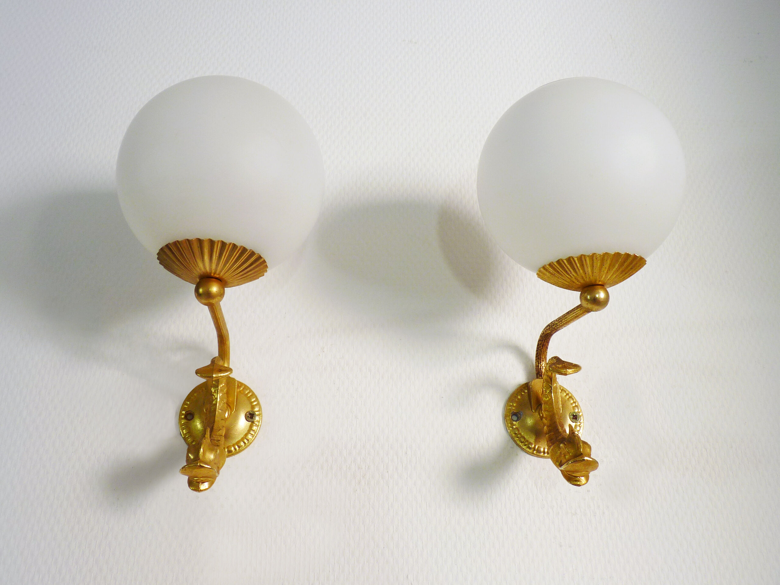 Pair of wall lamps with carp fish, brass and white opaline globe 1960