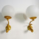 Pair of wall lamps with carp fish, brass and white opaline globe 1960