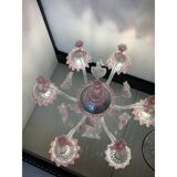 Chandelier in transparent and pink Murano-style glass with flower and leaf.