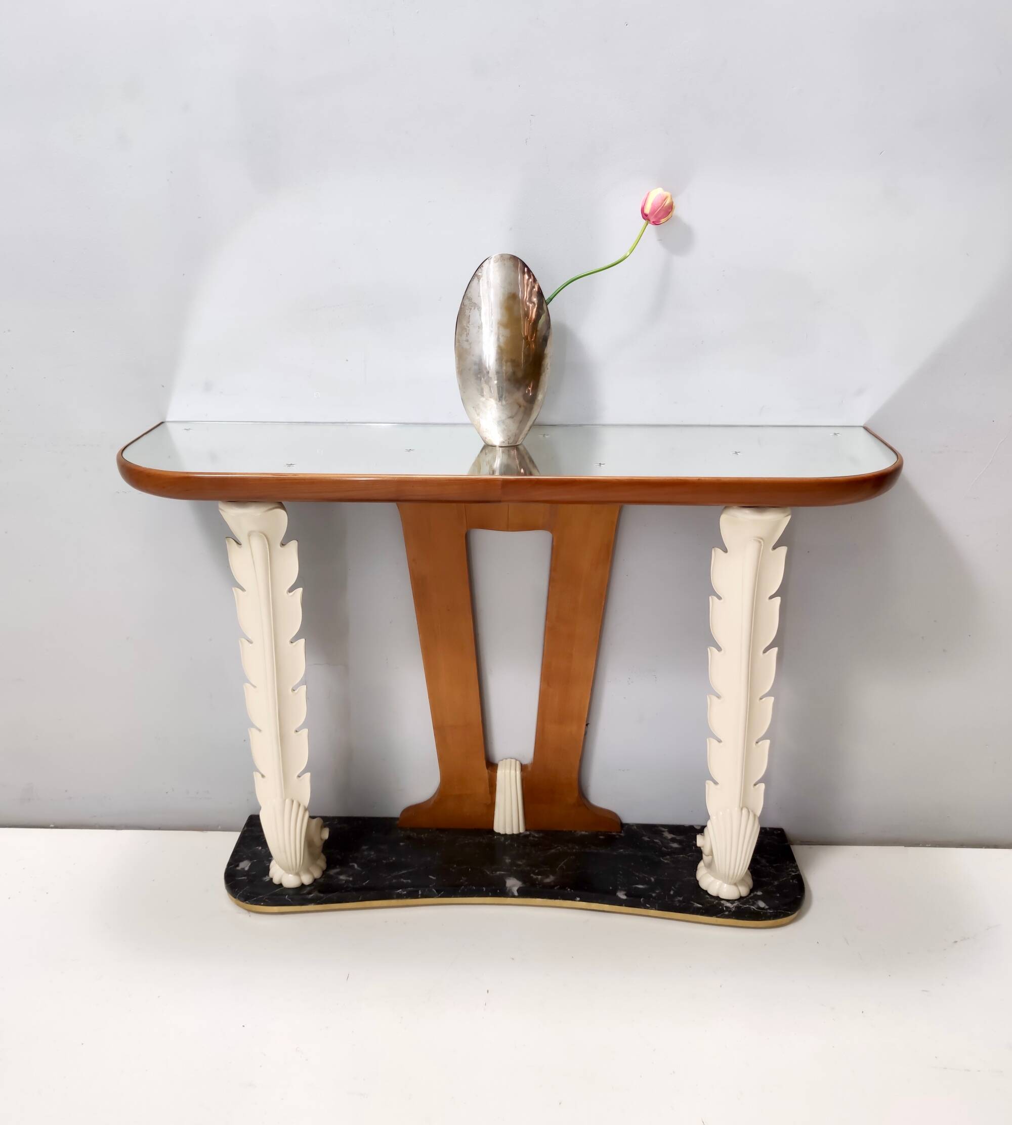 Wooden Console Table with a Mirrored Top Osvaldo Borsani style , Italy