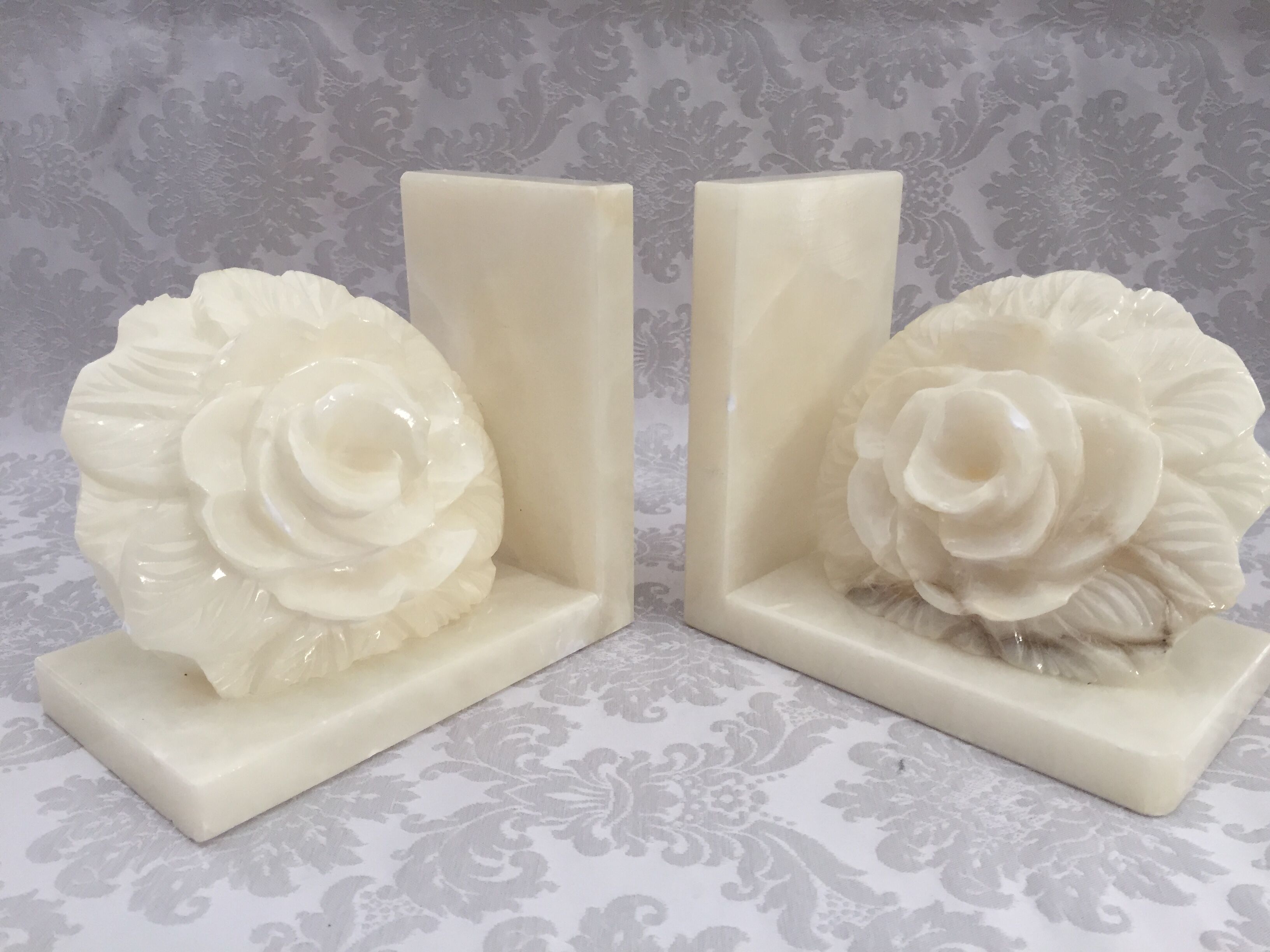 Pair of vintage alabaster bookends decor flower 1970