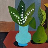 Mid-Century Modern "Pears & Lily of the Valley" Swedish Vintage Expressionist Still Life Tempera Pai