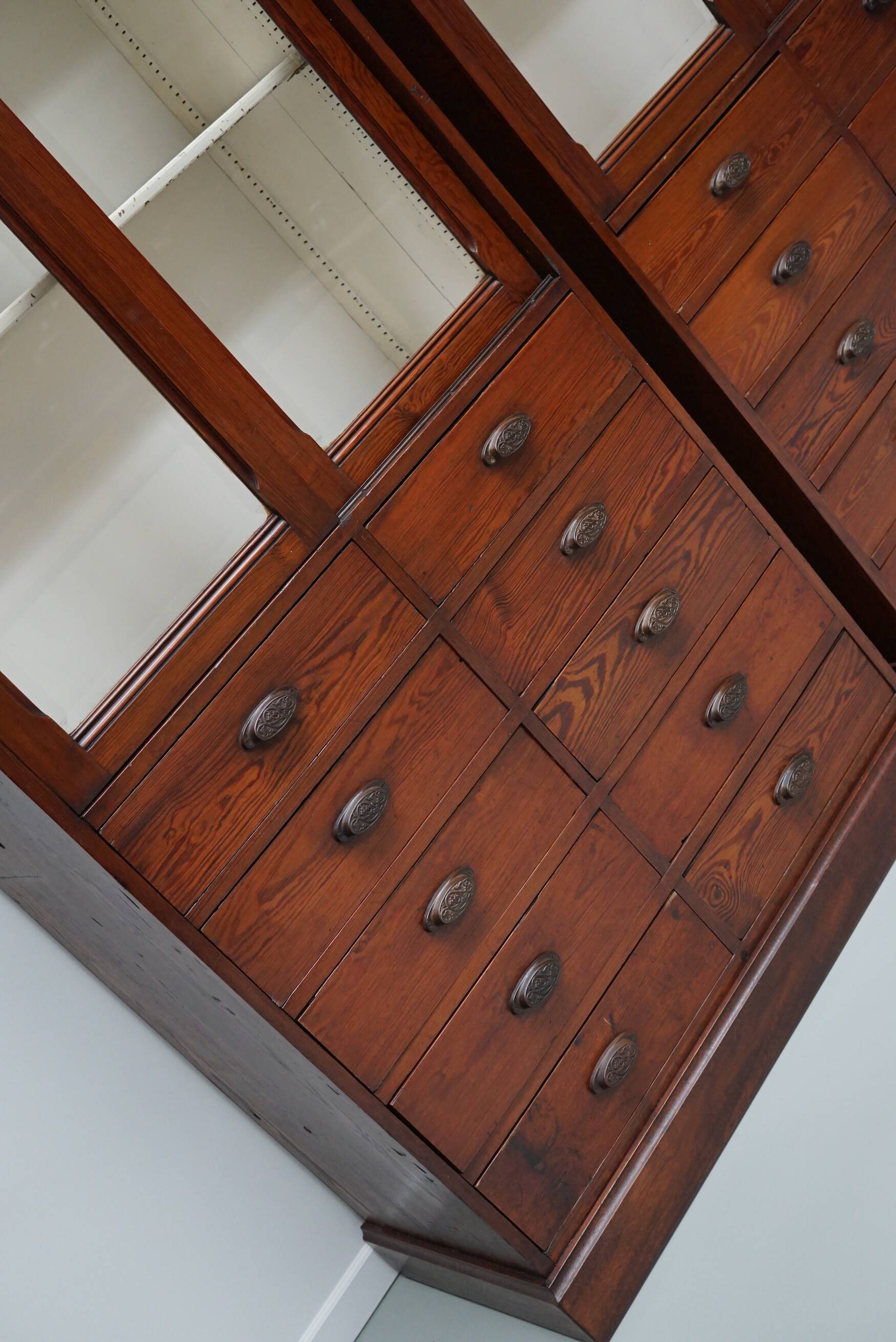 Large Antique Belgian Pitch Pine Apothecary Shop Cabinet / Vitrine, ca 1900