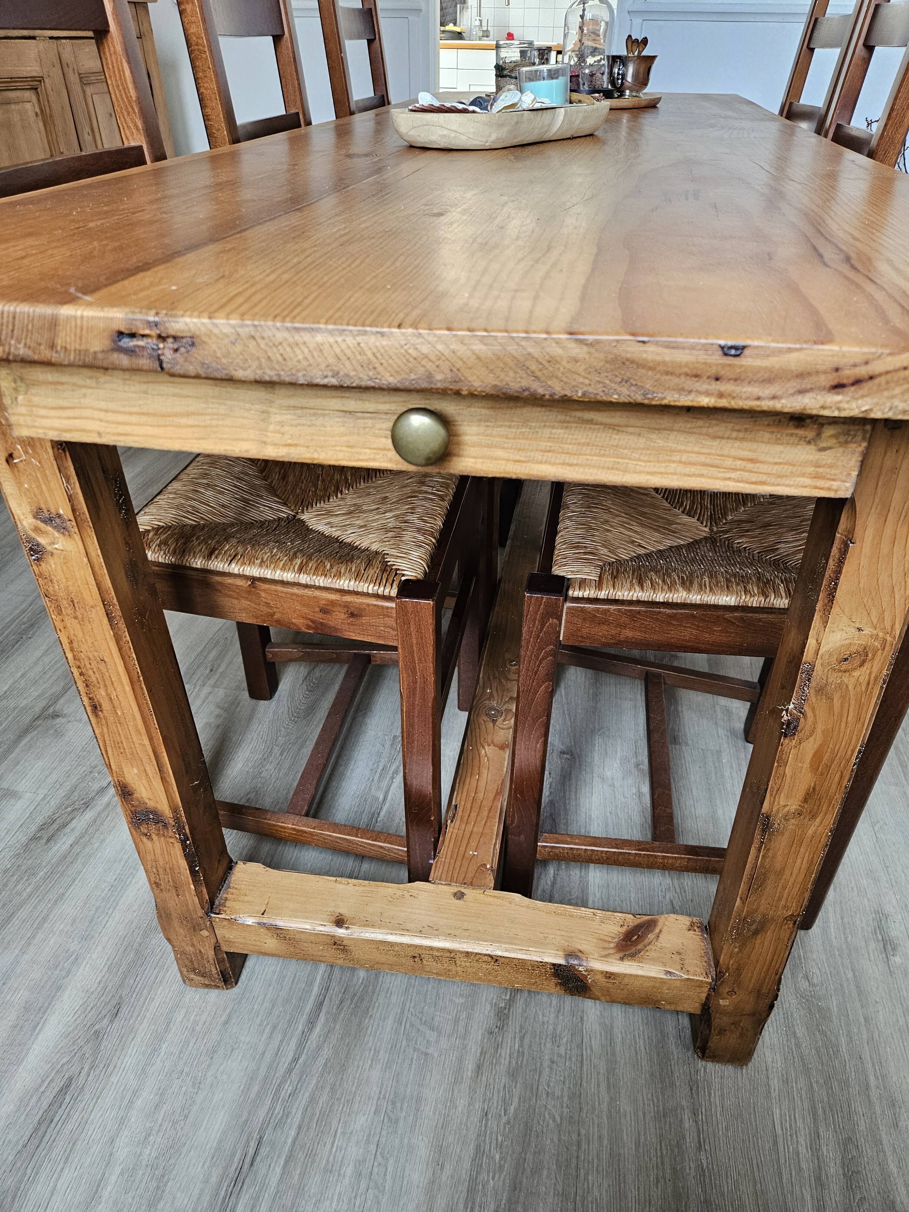 table de ferme pin massif + 6 chaises paillées