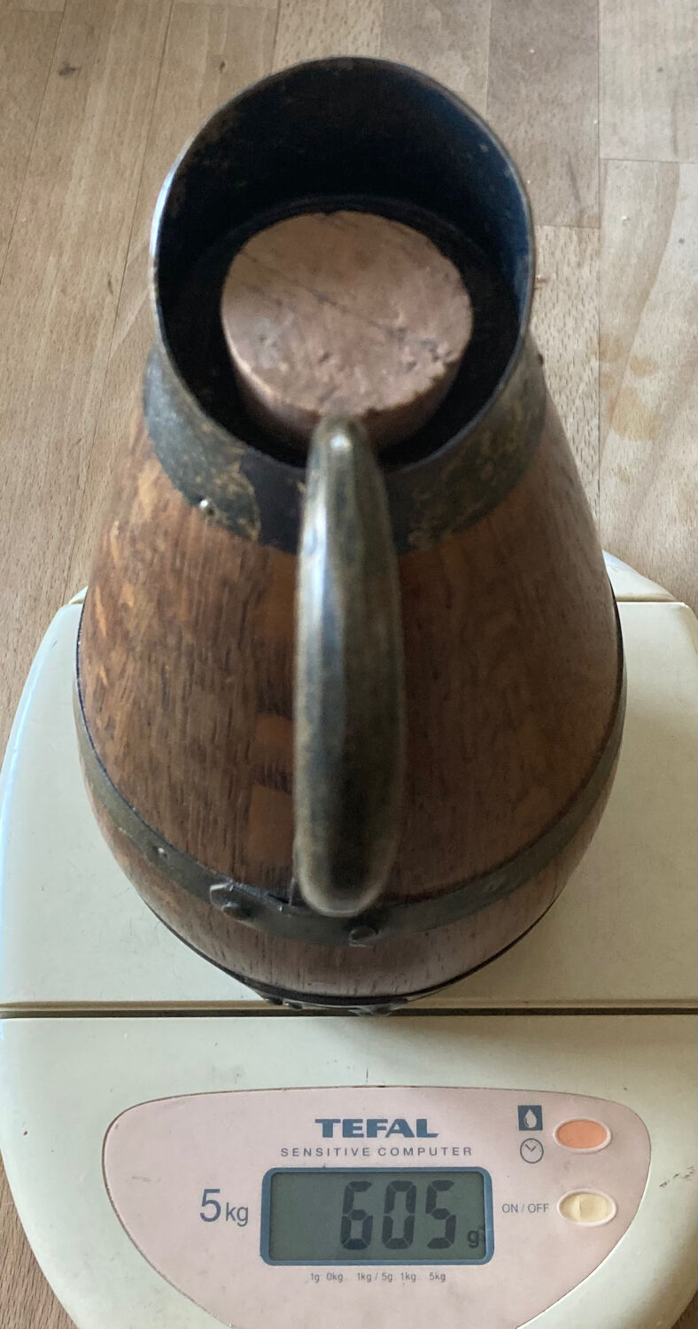 Beaune brandy pitcher in solid oak with brass rims 1970s