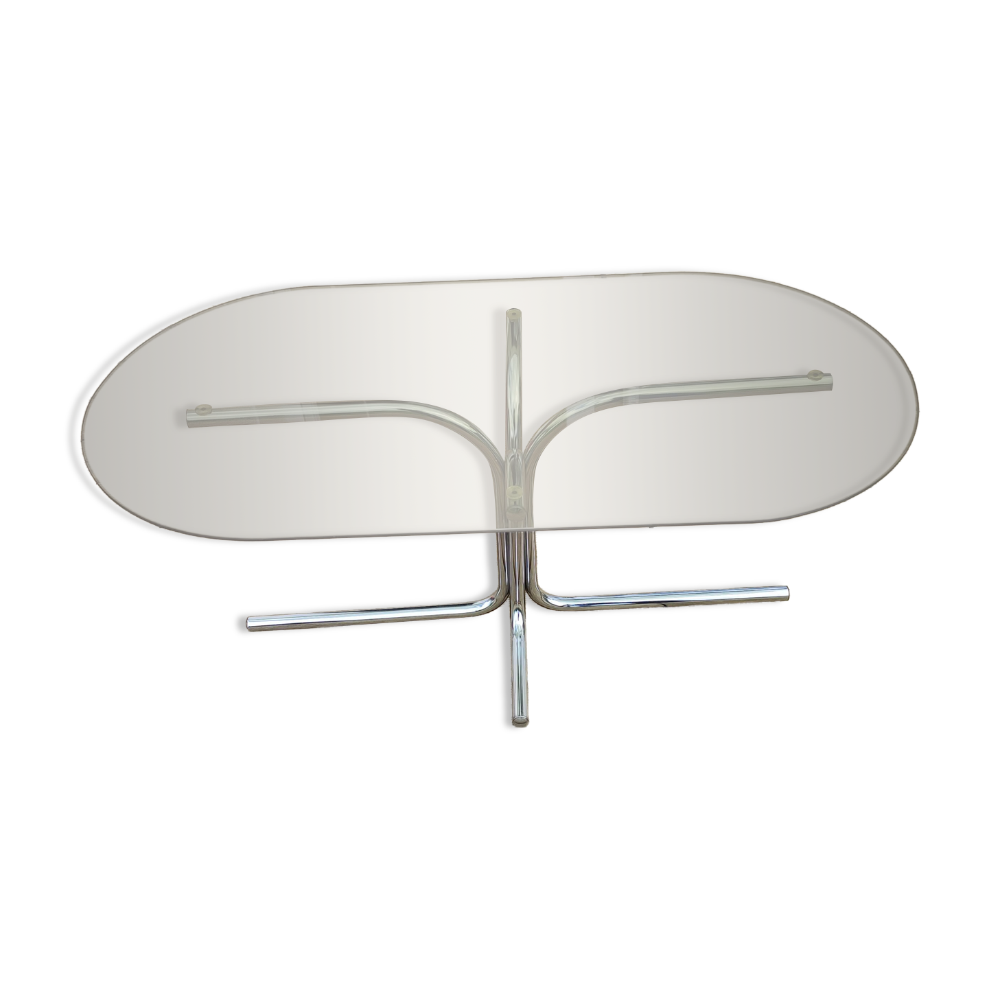 Table basse vintage structure tube métal plateau verre