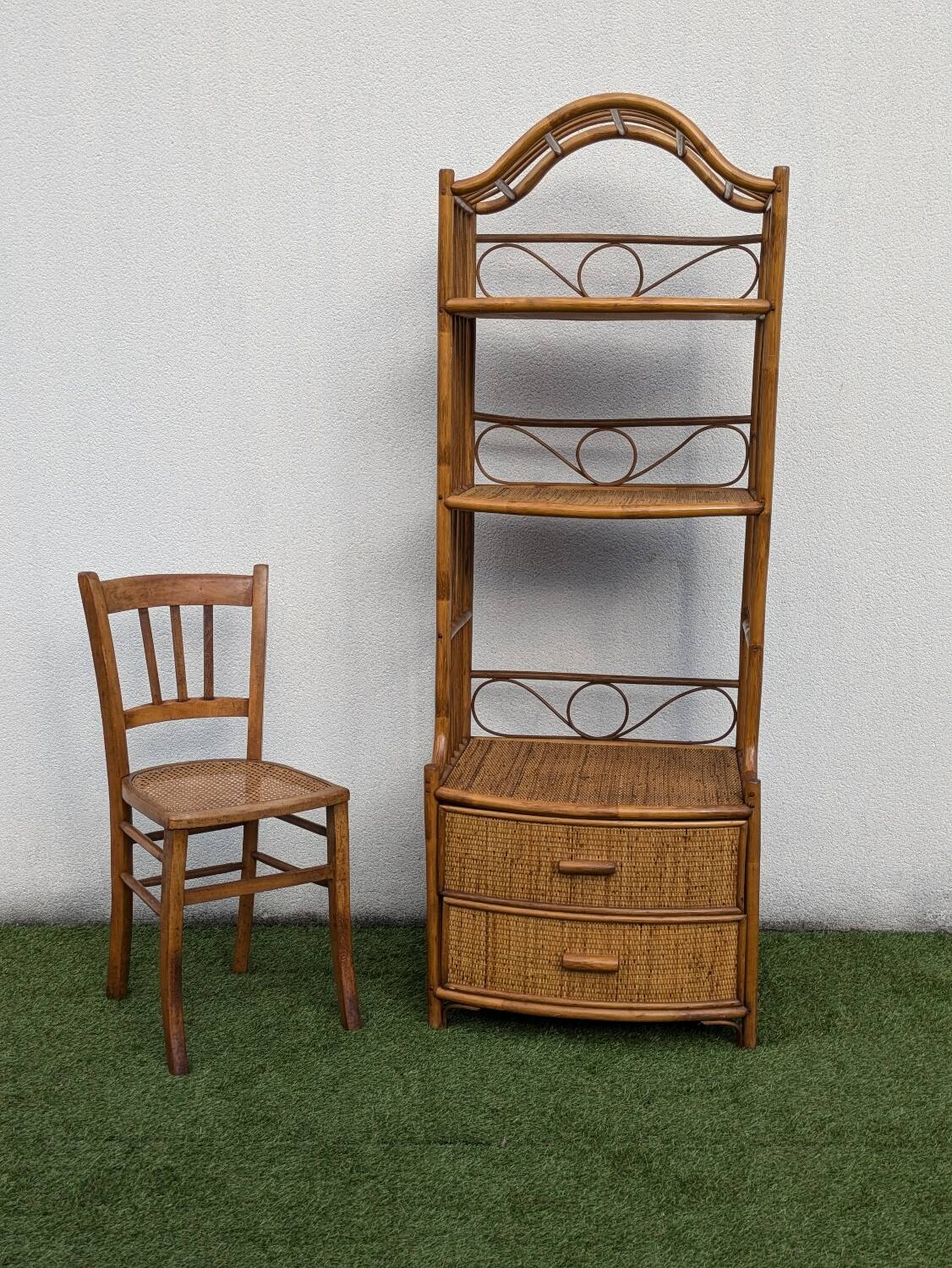 Vintage 1960s Rattan Bamboo Bookcase Shelf Buffet