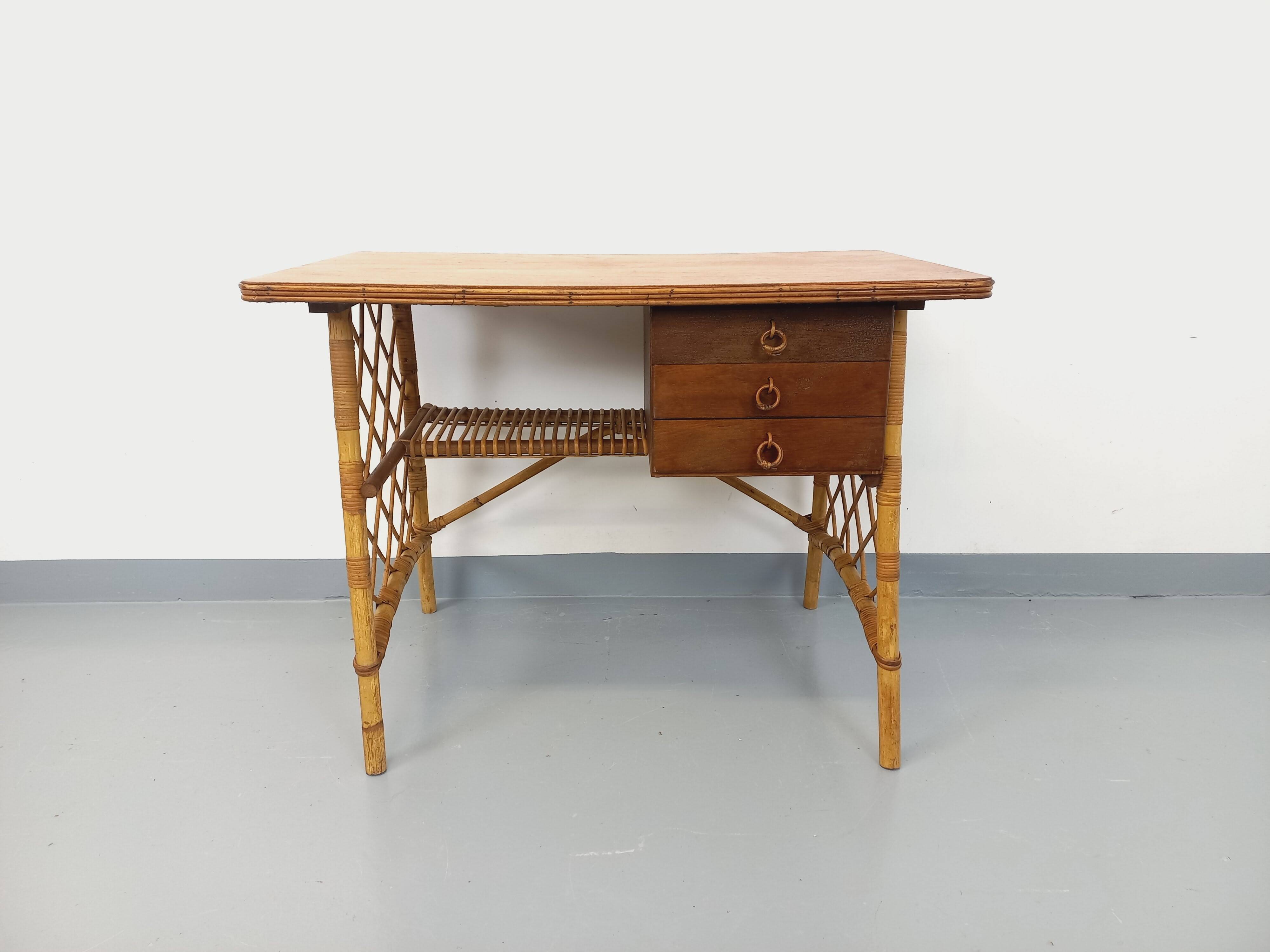Vintage Louis Sognot desk in rattan and wood from the 1960s