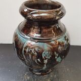 Old Vintage Glossy Varnished Brown & Blue Ceramic Vase