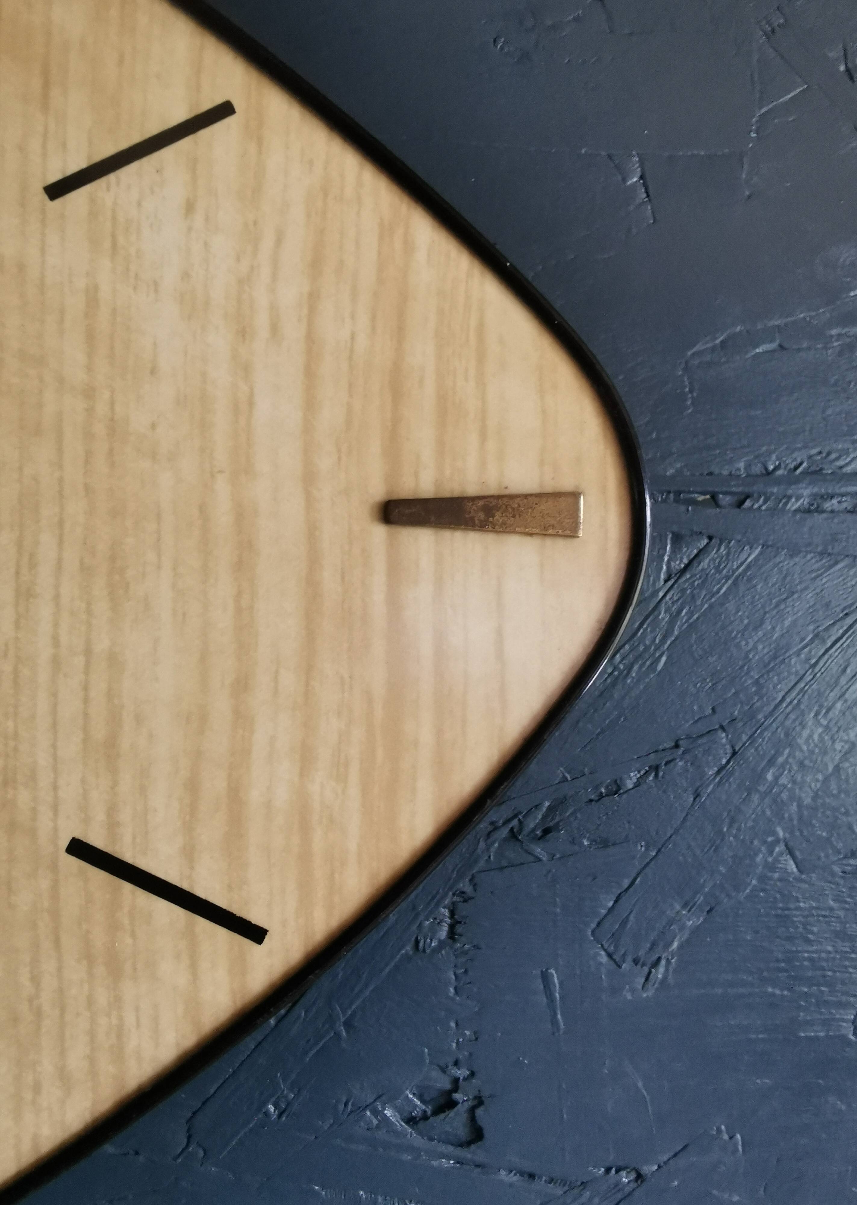 Vintage formica clock silent asymmetrical wall pendulum "Japy wood"