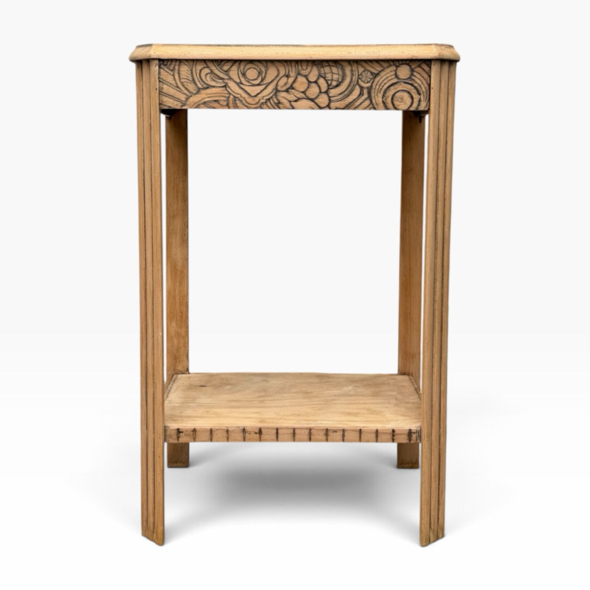 Art Deco console in raw wood with floral decoration, renovated 1930.