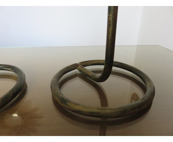 Pair of candle holders "sun" wood and metal 80s