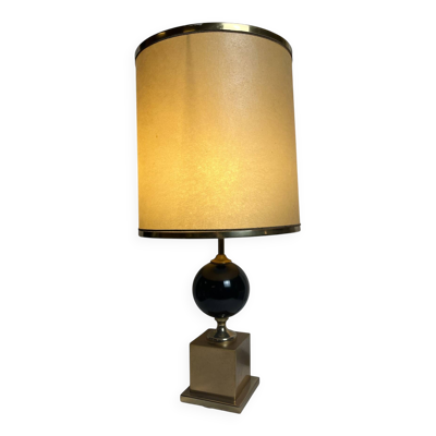 Vintage, lampe pied métal doré et laque noire abat-jour vers 1970