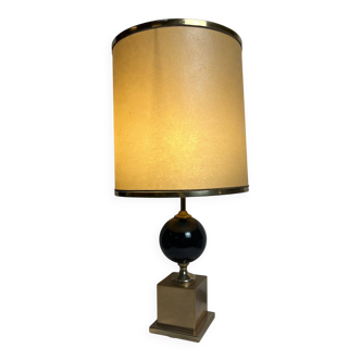 Vintage, lampe pied métal doré et laque noire abat-jour vers 1970