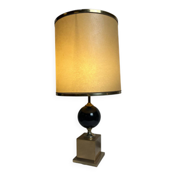 Vintage, metal base lamp with gold finish and black lacquer lampshade, circa 1970