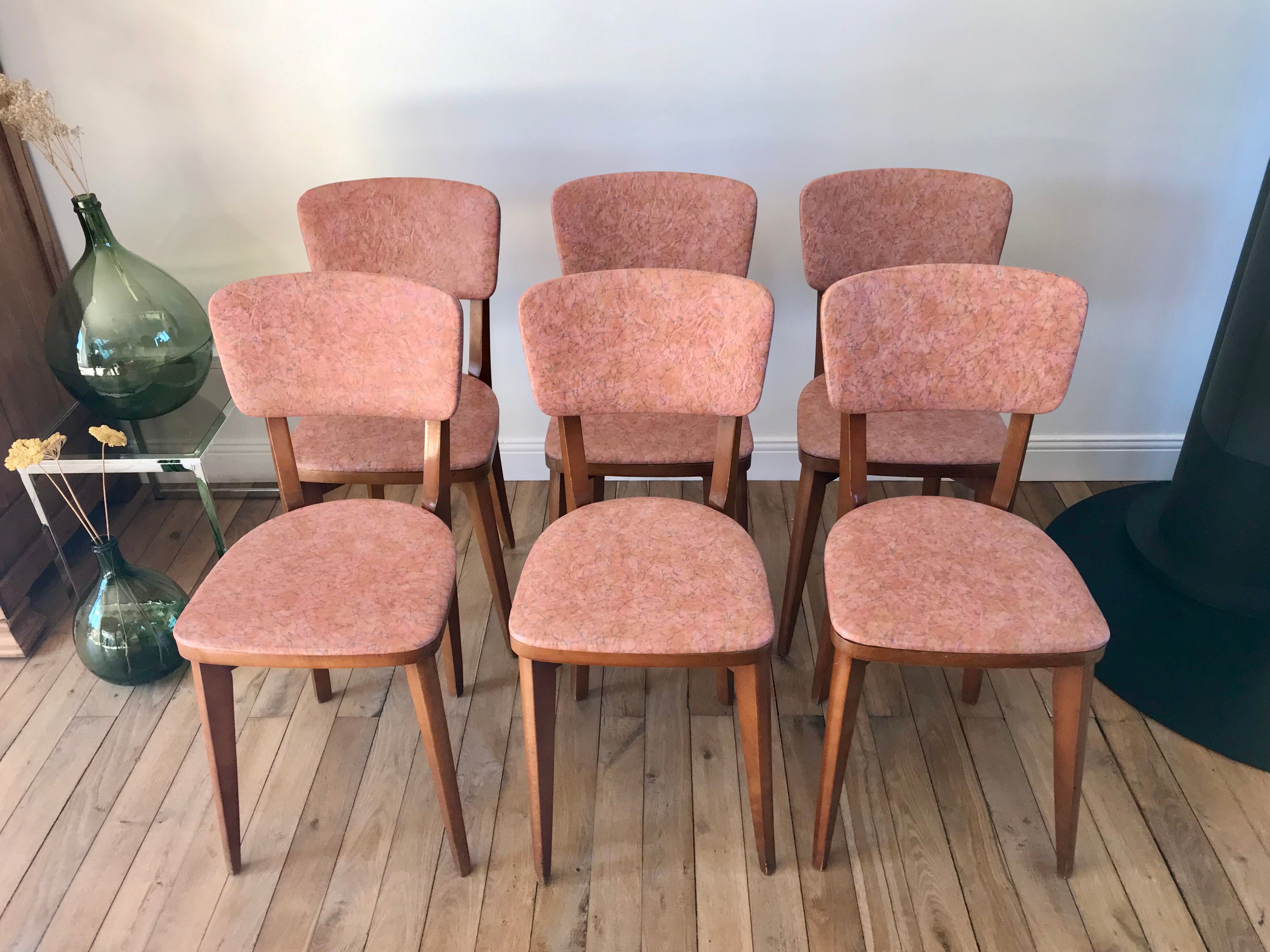 Set of 6 Scandinavian chairs in beech wood and pastel skaï 50s