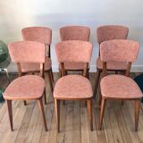 Set of 6 Scandinavian chairs in beech wood and pastel skaï 50s