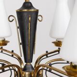 VINTAGE 50'S CHANDELIER IN BRASS AND GLASS ITALIAN DESIGN