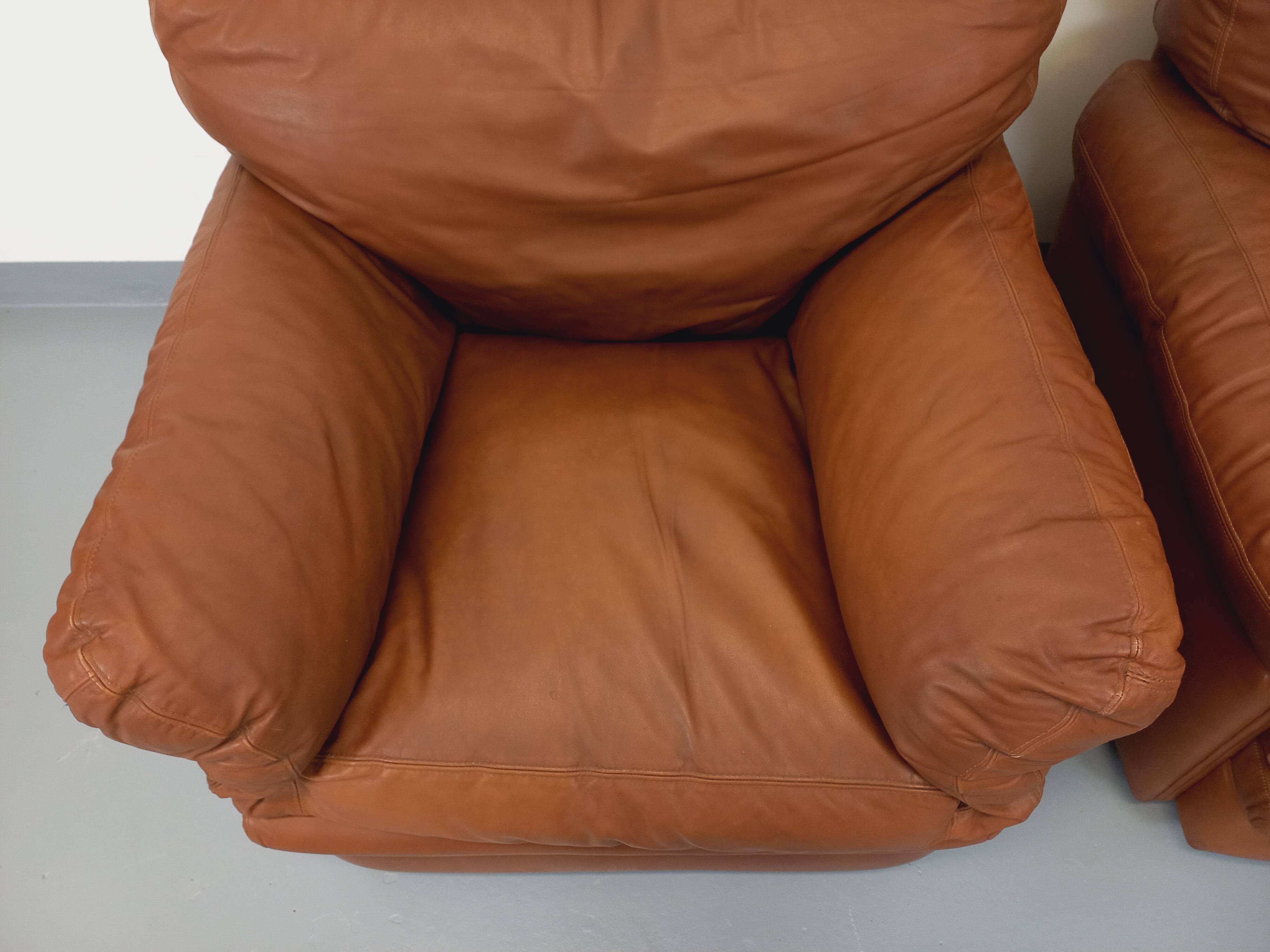 Pair of vintage Coquelicot lounge chairs by Tito Agnoli for Poltrona Frau in leather from the 70s