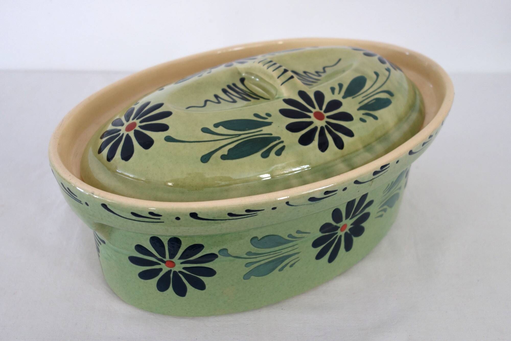 Large enameled ceramic terrine dish, vintage Alsace