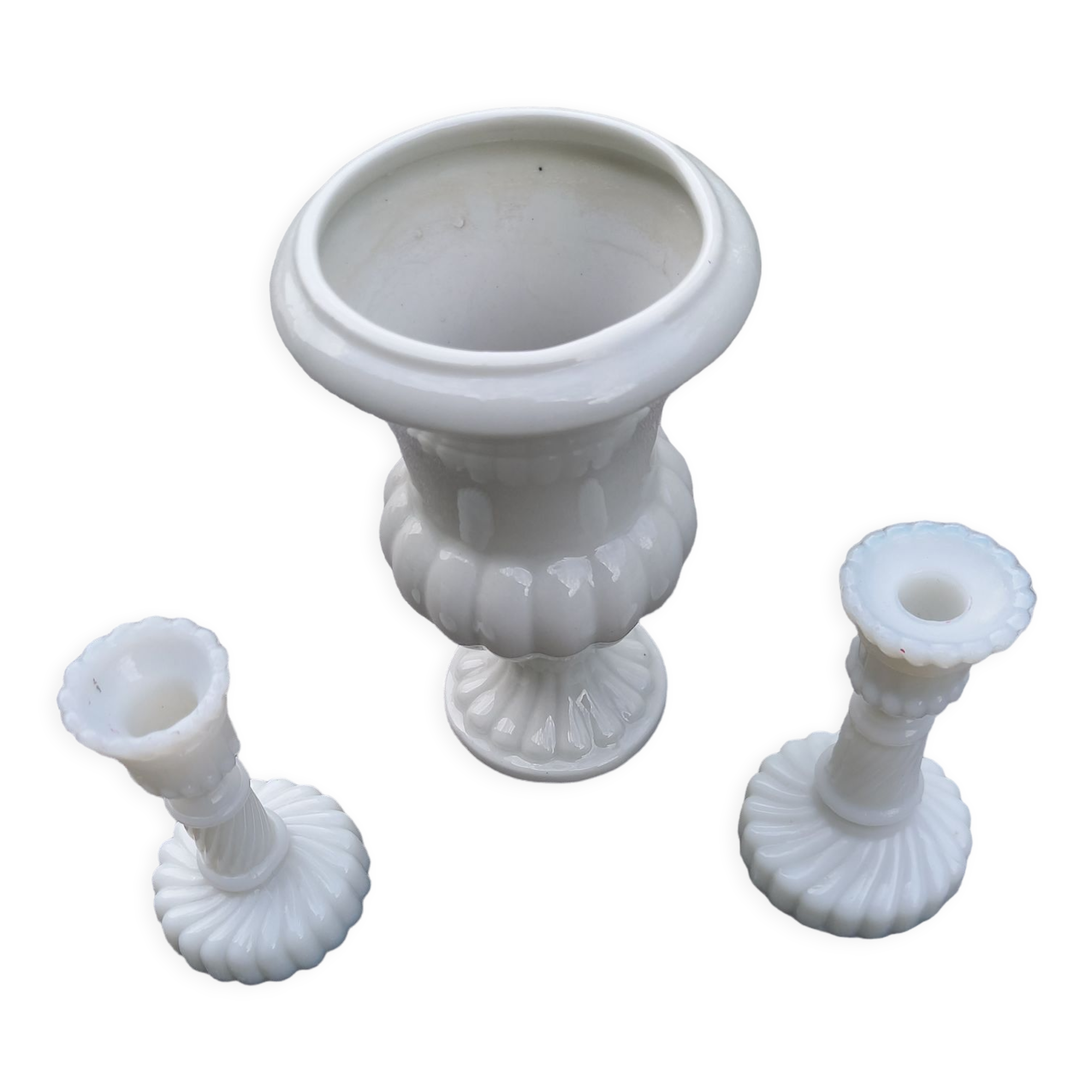 2 candle holders and earthenware vase