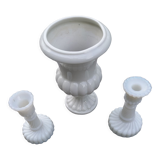 2 candle holders and earthenware vase