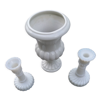 2 candle holders and earthenware vase