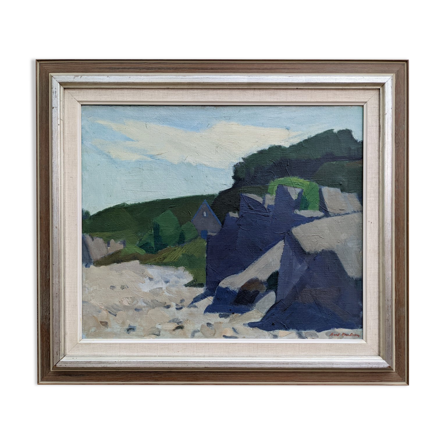 Mid-Century Modern "Outcrop" Swedish Landscape Oil Painting, Framed