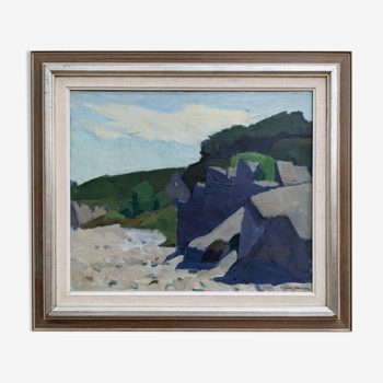 Mid-Century Modern "Outcrop" Swedish Landscape Oil Painting, Framed