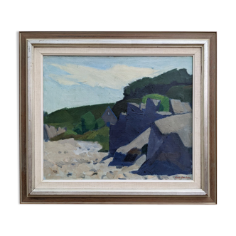 Peinture à l’huile de paysage suédoise « affleurante » moderne du milieu du siècle, encadrée