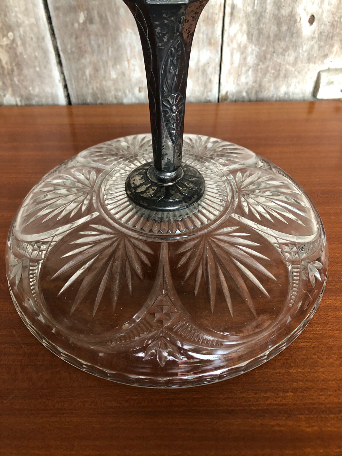 Old centerpiece cut art deco glass + foot silver metal vintage #a285