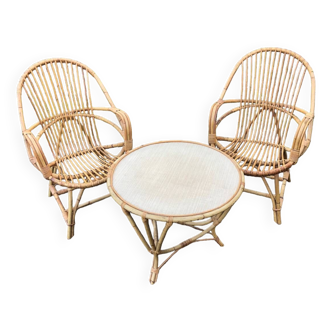 Ensemble salon de jardin rotin bambou osier vintage