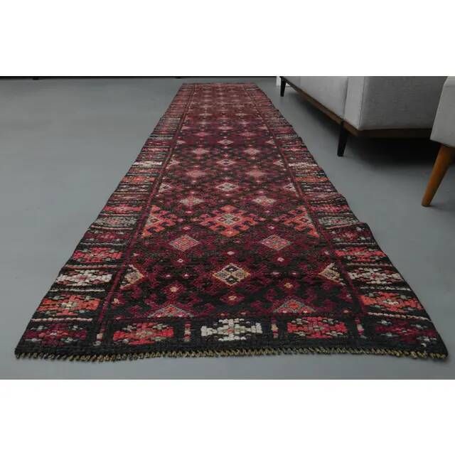 1970s Vintage Turkish Handmade Wool & Cotton Pink Runner Rug 84x392