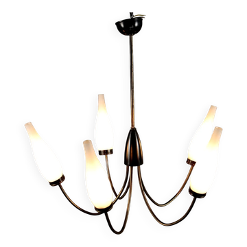 Vintage lamp from the 1950s-60s in aluminium, brass, and opal glass.
