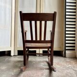 Children's rocking chair in dark wood and cane