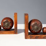 Pair of Art Deco faceted ball bookends in oak with metal decorations