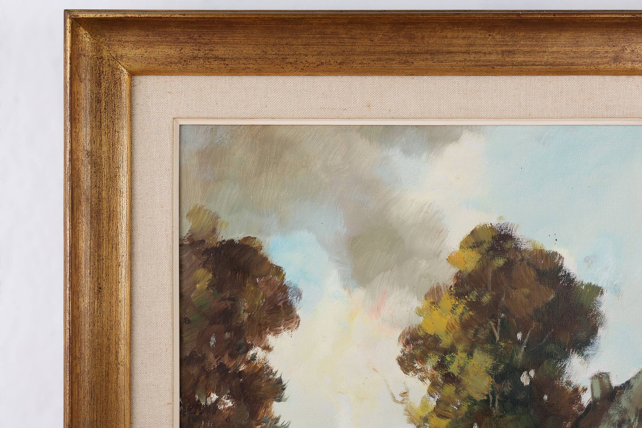 20th Century Belgian Painting of a farm scene with gilded wooden frame