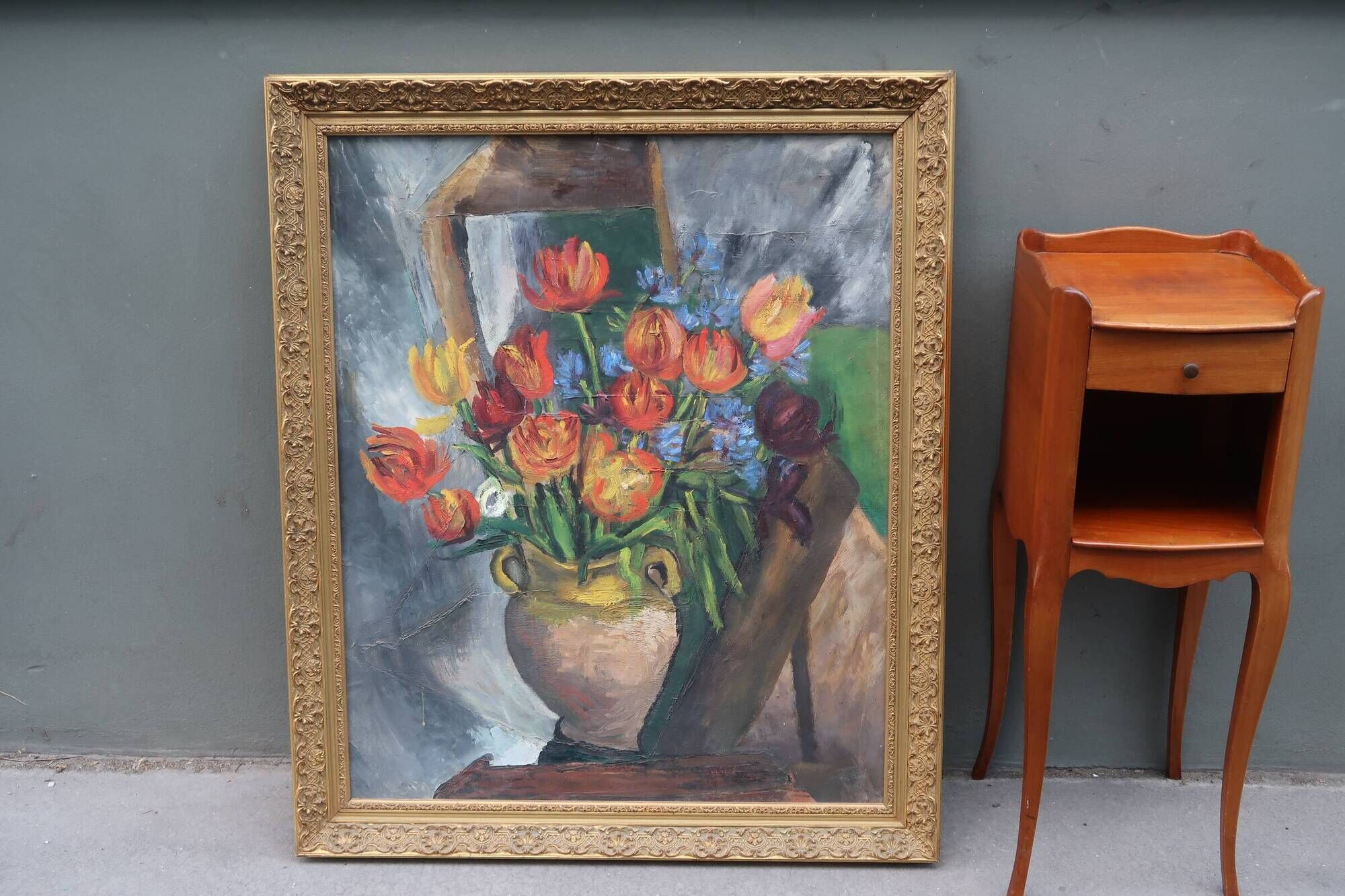Large old oil painting, Still Life with Tulips, Gilded frame