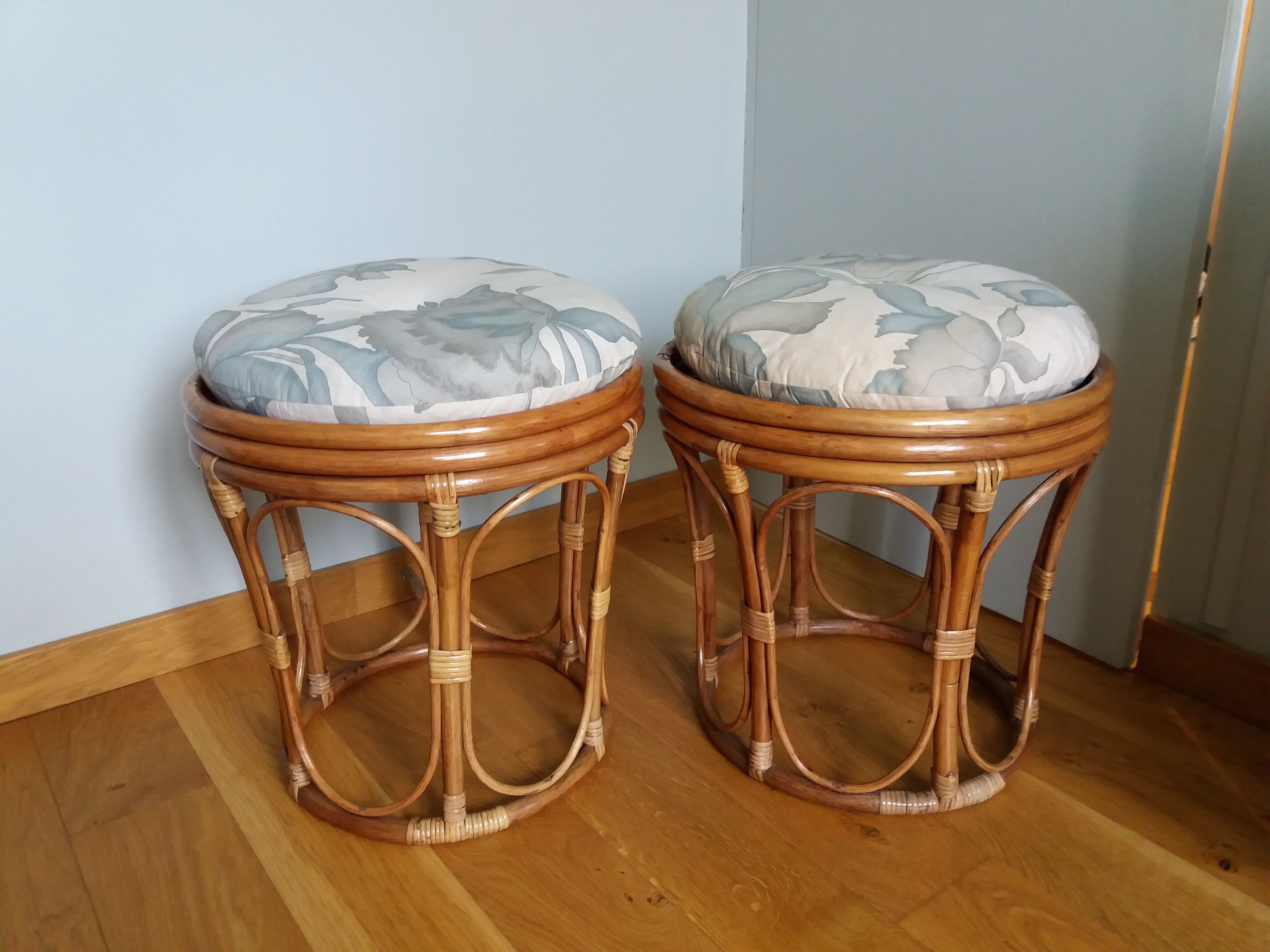 Pair of wicker rattan stool poufs