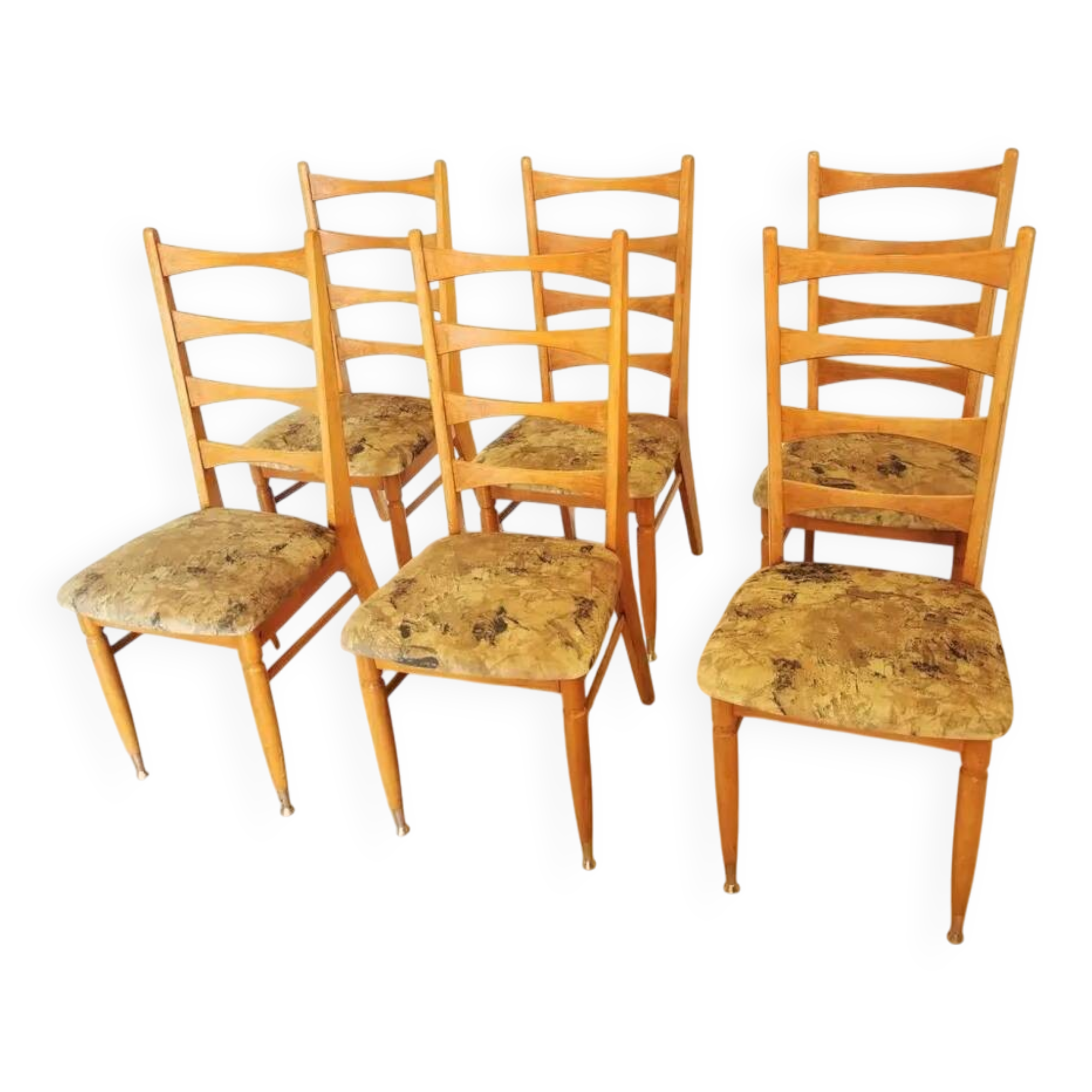 Set of 6 Vintage Wooden Dining Chairs: 1970s Mid-Century Bistro Style