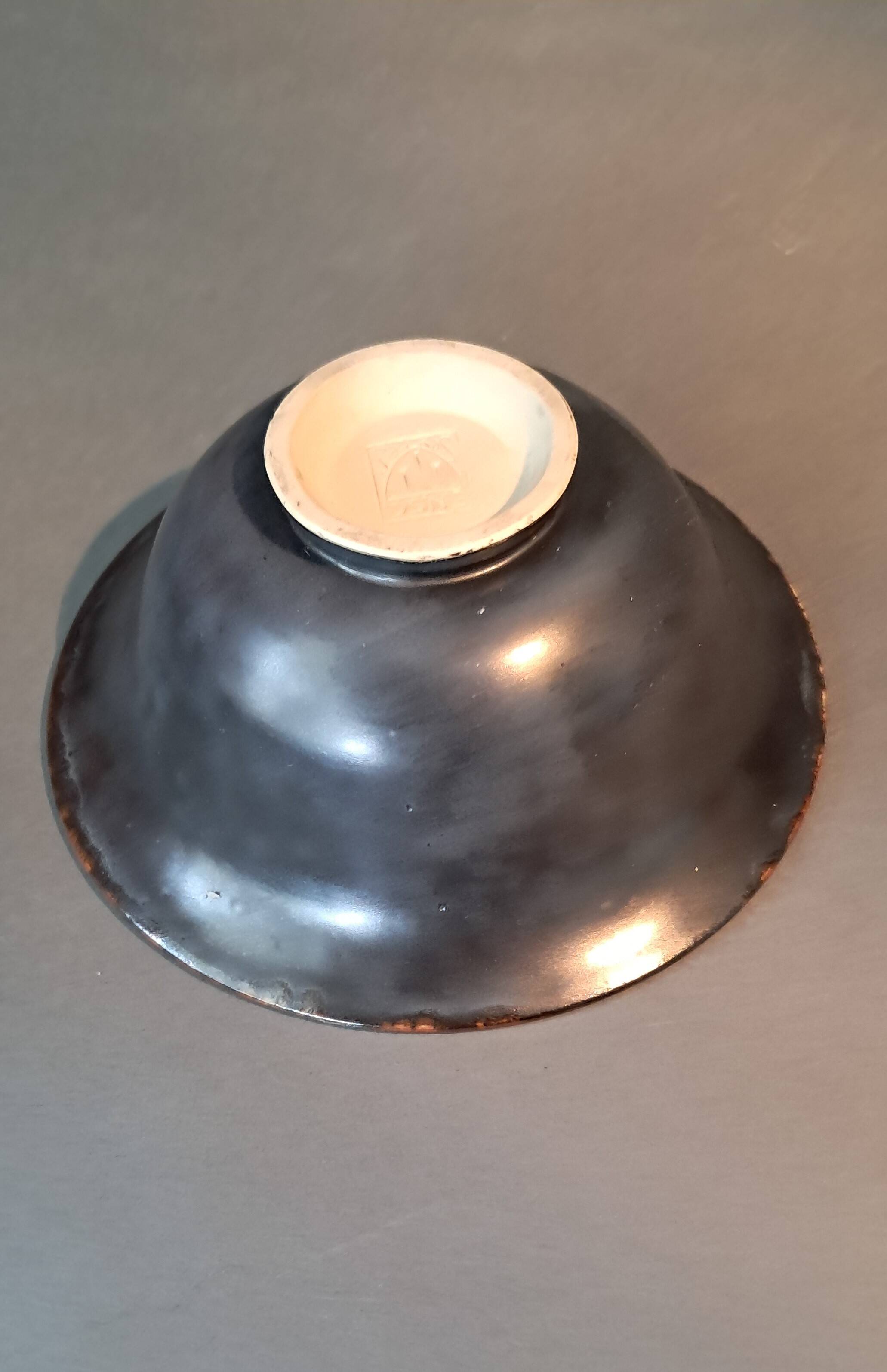 Flared cup in black and nuanced brown enameled ceramic, numbered and Sèvres stamp