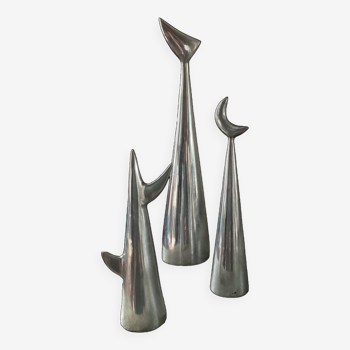 Trio of Knut Hagberg designer jewelry holders in polished aluminum