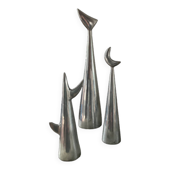 Trio of Knut Hagberg designer jewelry holders in polished aluminum