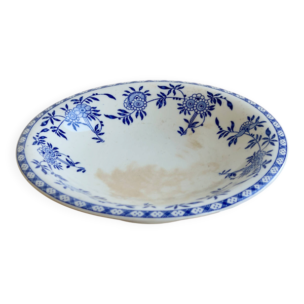 Compotier bas ancien, coupe à fruits en porcelaine de Dresde bleu et blanc