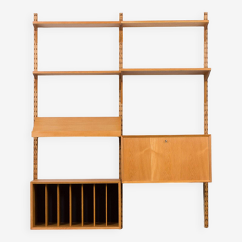 Poul Cadovius two-bay oak wall unit with vinyl records cabinet and drop front desk, Denmark, 1960s