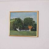 Original Swedish oil on canvas – “Landscape with Farm” by H. Engkvist – dated 1983 – vintage & framed – 41 × 50 cm (16.1" × 19.7")