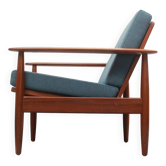 Fauteuil années 1960 en teck, coussins pétrole