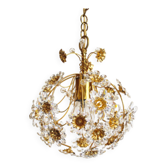 Lustre en verre doré et cristal de Palwa, Allemagne, années 1970